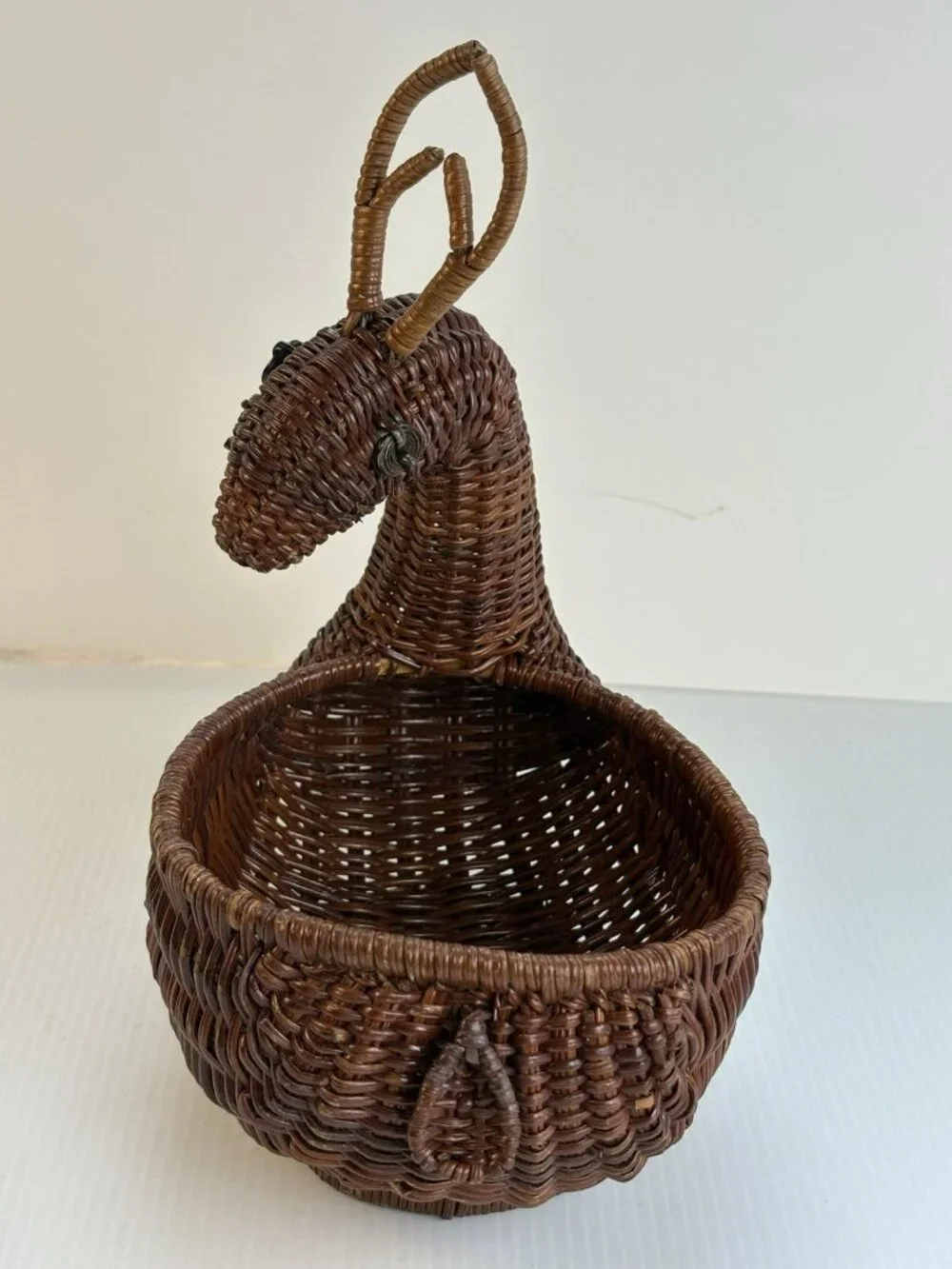 Vintage Woven Deer Wicker Basket Rustic Cabin Lodge Decor Brown